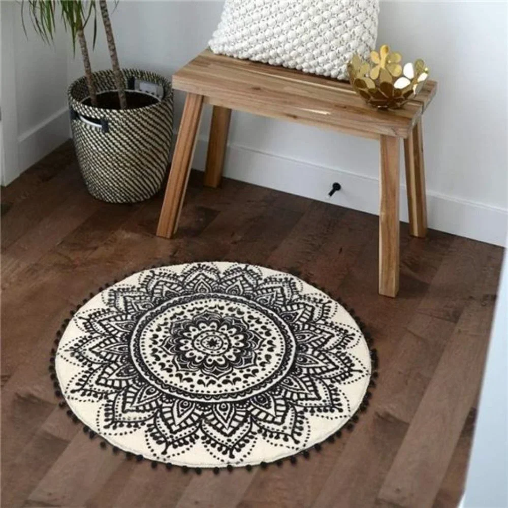 Small Round Rug 2’ Boho Beige and Black Bathroom Rug with Pom Poms Fringe